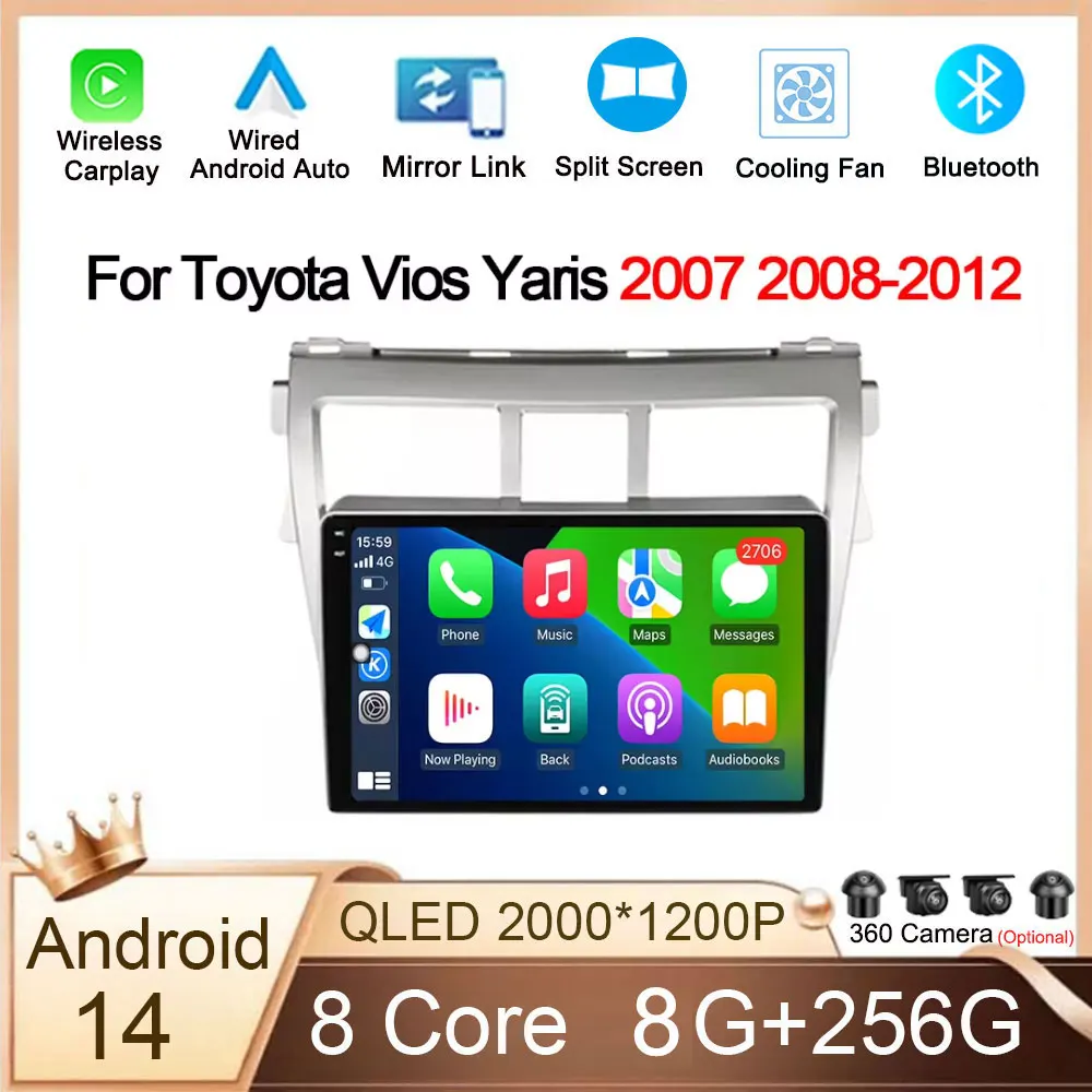 

CARPLAY Android 14 Car Radio Player Car Stereo Radio For Toyota Vios Yaris 2007 2008-2012GPS Navigation IPS Screen 4G BT WiFi