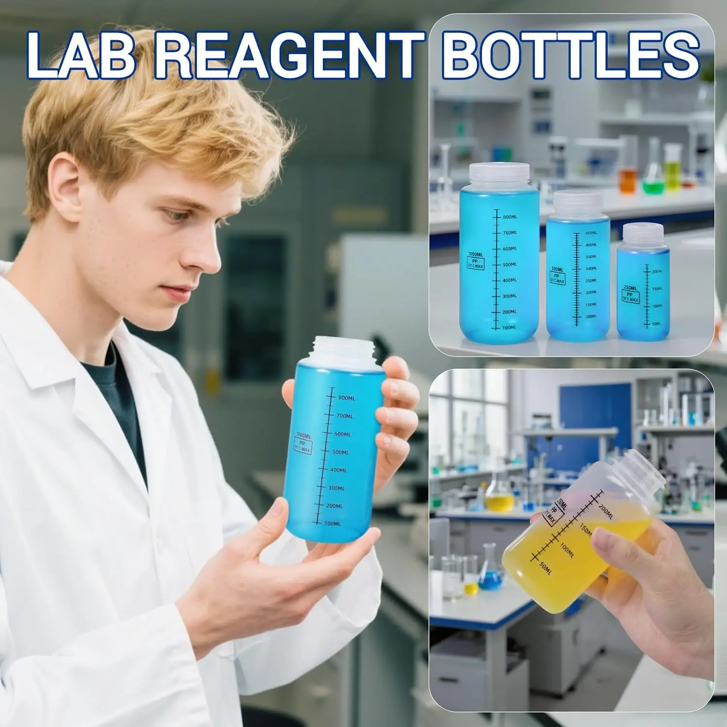 30/60/125/250/500/1000ml Plastic Sample Bottles with Screw Cap, Liquid Containers for Lab Reagent Medicine Pill Water Storage