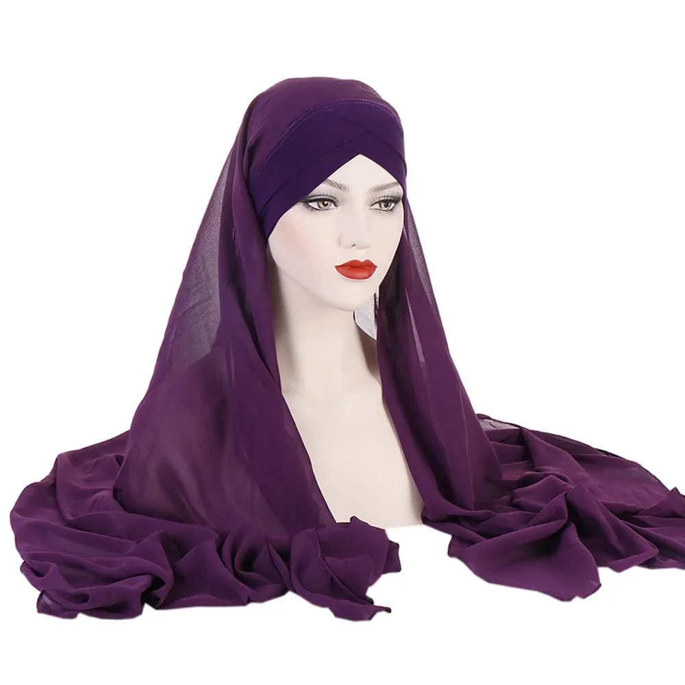 Stirn Kreuz Hut mit Chiffon Schal Instant Hijab Unter schal Motorhaube Kappe muslimische Frauen langen Schal Wickel Schleier Amira Kopftuch 1St