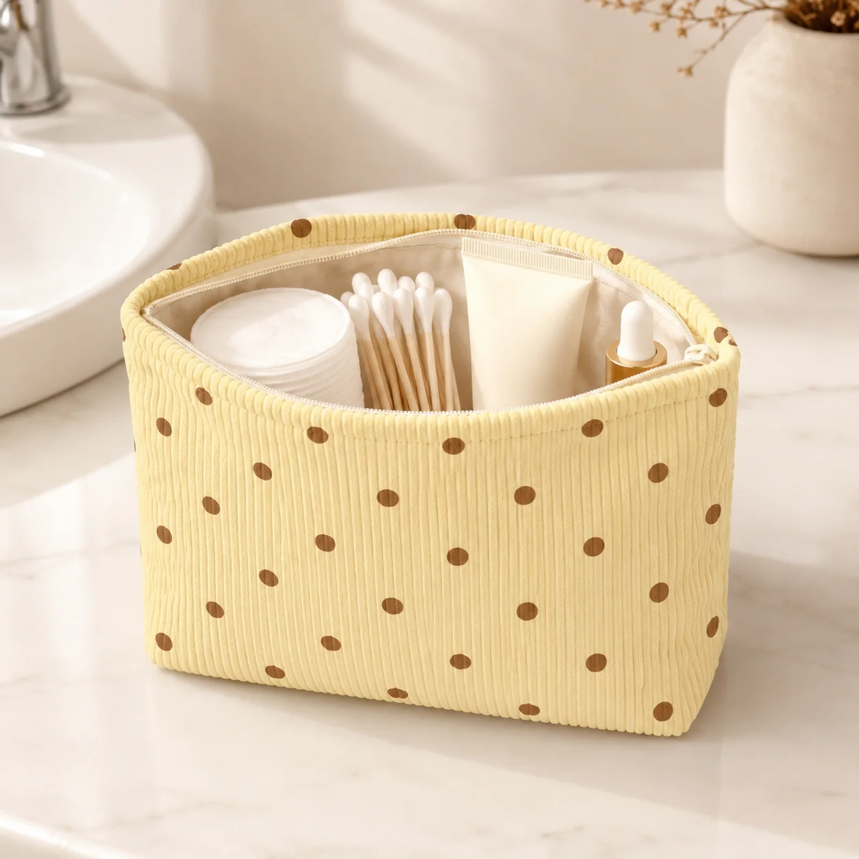 Polka Dot Cosmetic Bag Soft Corduroy Pouch Women Daily Makeup Organizer Travel Toiletry Case Zipper Storage Bag Beauty Pouch