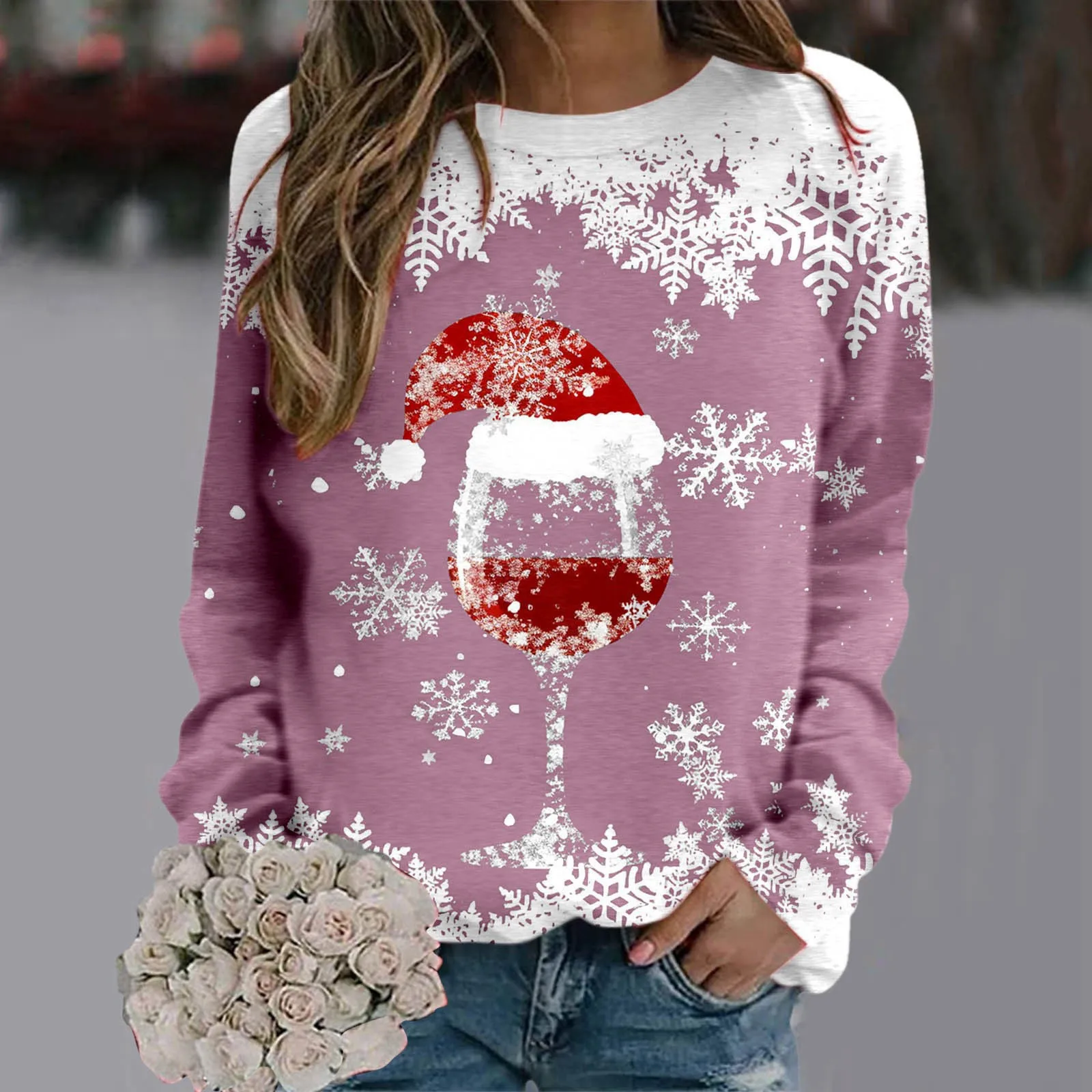 

O Neck Fashion Pullover Winter Casual Comfortable Holiday Sweatshirt Red Wine Glass Snowflake Christmas Print Hoodies Women