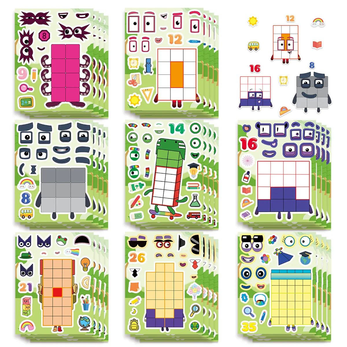

Набор из 8/16/24 шт. мультяшных цифровых строительных блоков-пазлов с меняющимися лицами, водонепроницаемые наклейки-стикеры для заметок и декора