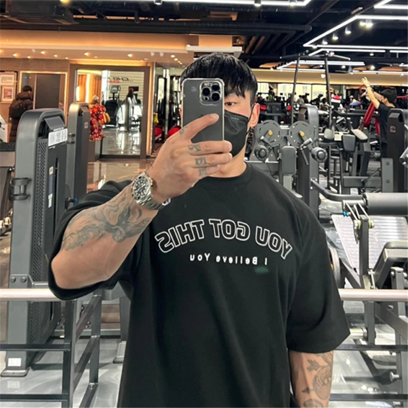 Korea Oversized T shirt Summer Mens Gym Bodybuilding Fitness Loose Casual Lifestyle Wear T-shirt Male Streetwear Hip-Hop Tshirt