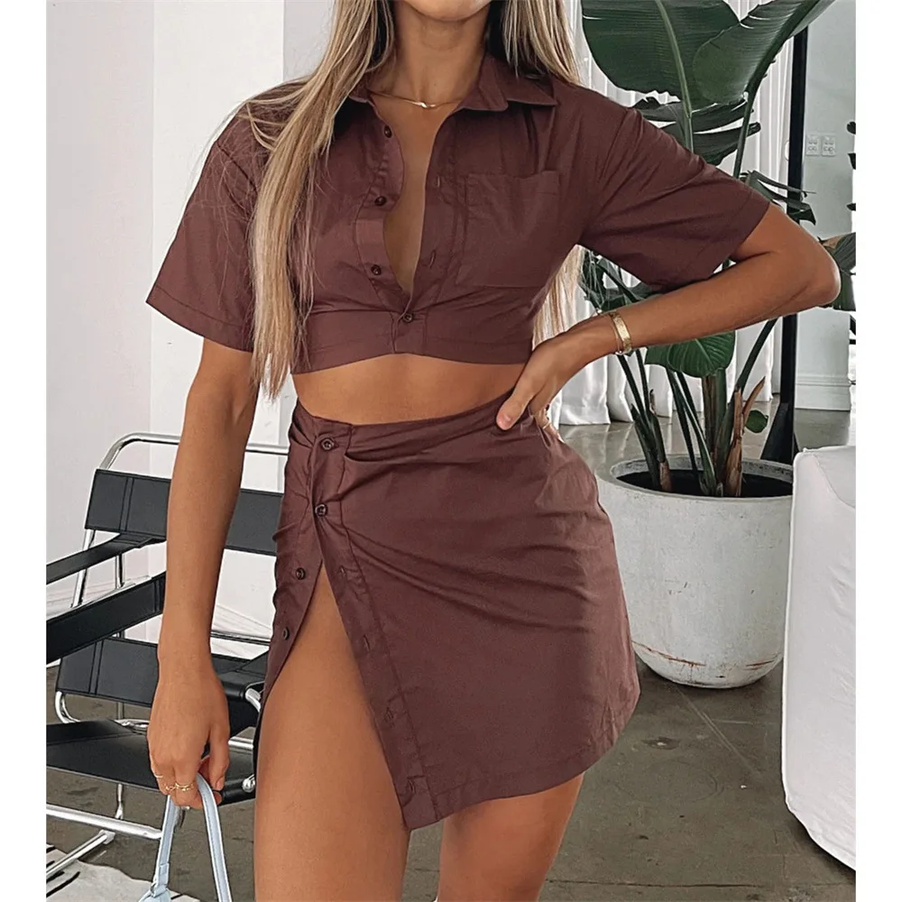 2023 Spring and Summer New Two-piece Suit Women\'s Sense Lapel High Waist Short Sleeve Shirt Skirt Suit