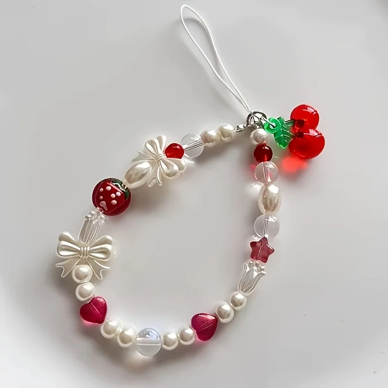 

Подвеска для телефона ручной работы из бисера Cherry Stawberry с жемчугом из смолы, жемчужный аксессуар для украшения чехла для мобильного телефона и сумки