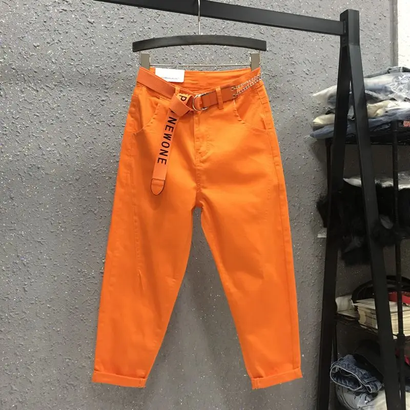 

Cptton Women Jeans Candy Color Loose High Waist Harem Pants Ankle-length Pure Color Stretch Denim Trousers Casual