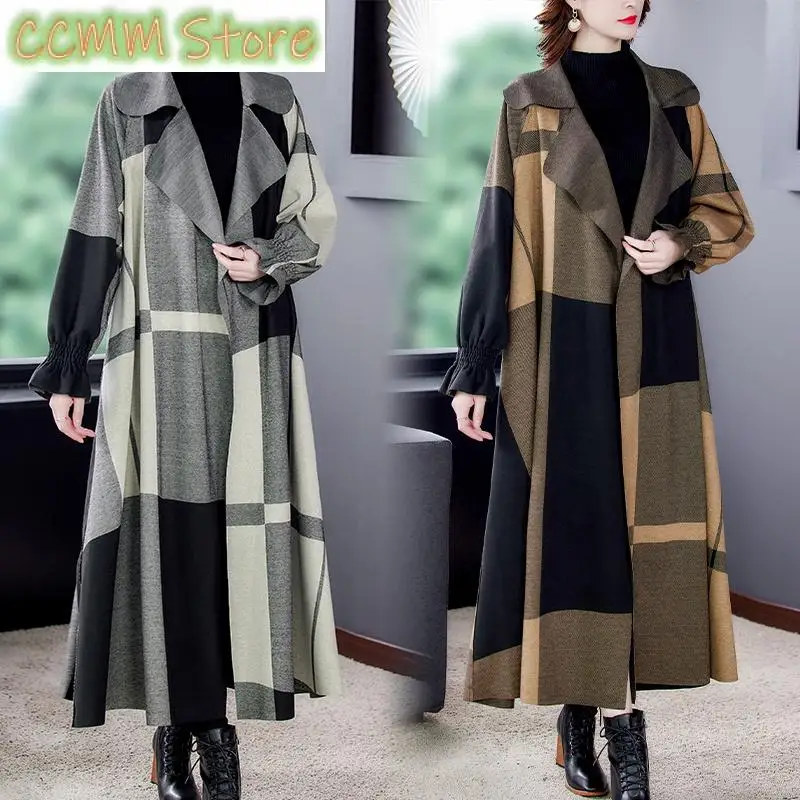 Spring Autumn New trench Coat Women's Long and Slim Skin Coat Fashion and Elegant Loose Plaid Coat Over Knee Long Coat