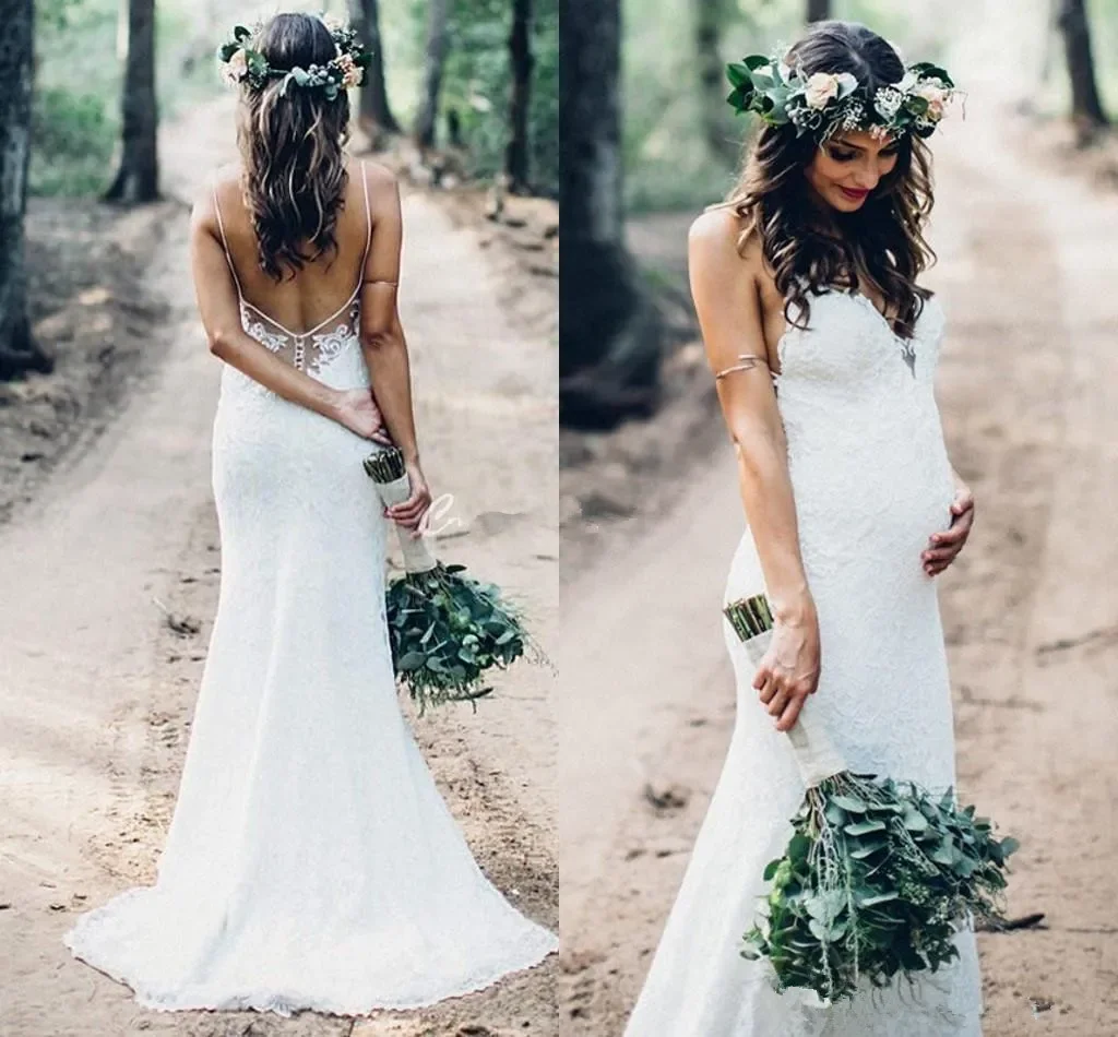 

Charming Lace Pregnant Wedding Dresses Spaghetti Backless Mermaid Sweep Train Garden Country Bridal Gowns Plus Size Customized