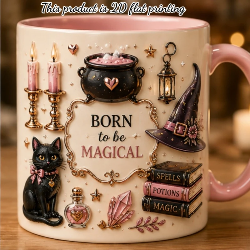 1pc 2D Flat Print Witch Lover Personalized Custom Name Coffee Cup Mug Witch Hat Cat Potion Element Design for Halloween Gift For