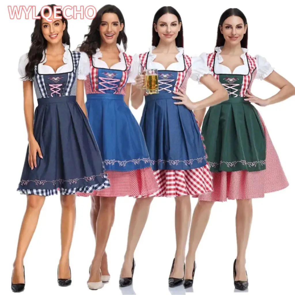 

Traditional Bavarian Oktoberfest Costumes Plaid Dirndl Dresses Women Apron Dress German Beer Wench Maid Cosplay Party Dress