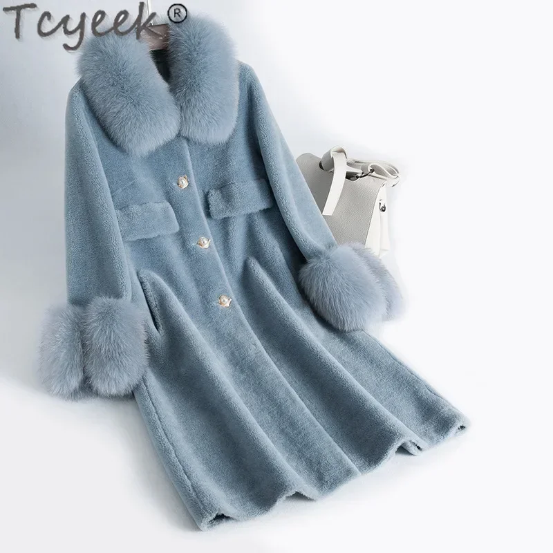 Tcyeek 100% Wool Jacket Warm Fox Fur Collar Fashion Sheep Shearling Coat Winter Jackets for Women Mid-length Women's Fur Coat