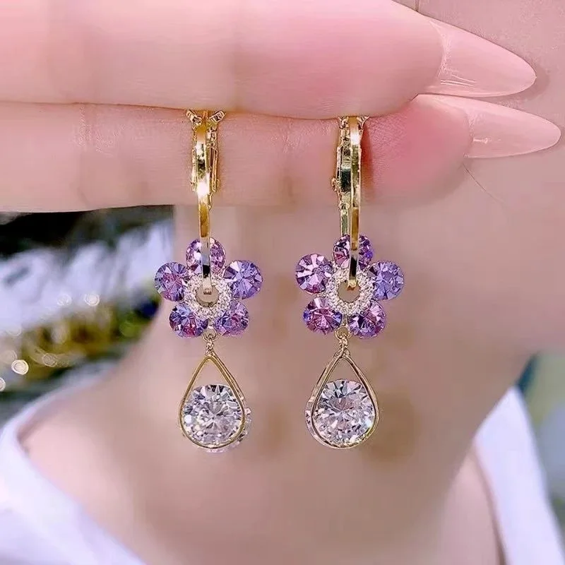 S925 Silver Needle Purple Blue Crystal Flower Drop Earrings 2024 Trendy Design Female Luxury Shining Zircon Earrings Wholesale