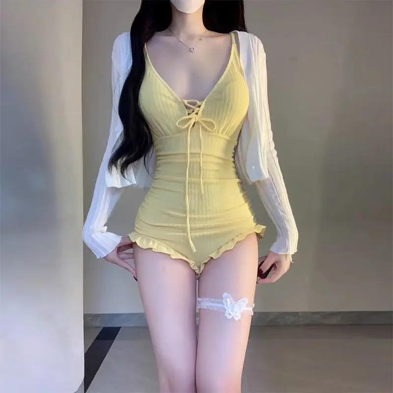 New Popular One-piece Swimsuit High-end Dopamine Straps Backless Korean Fungus Beach Vacation Hot Spring Summer