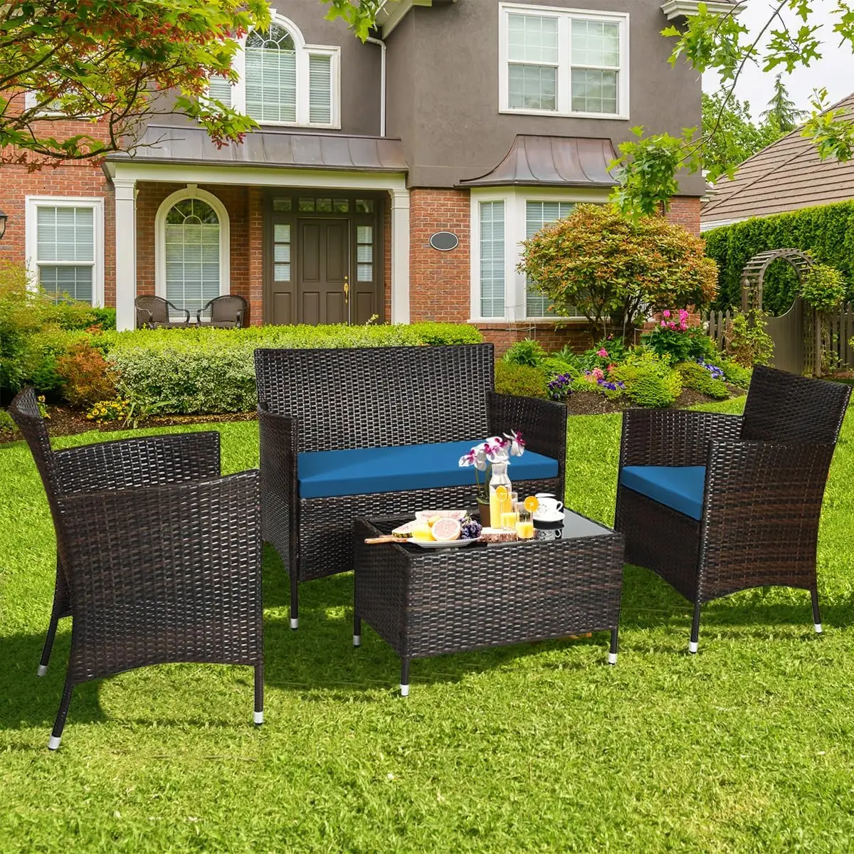 8 Pieces Patio Rattan Conversation Set with Tempered Glass Coffee Table & Thick Cushion, Wicker Set for Garden, Lawn, Poolside a