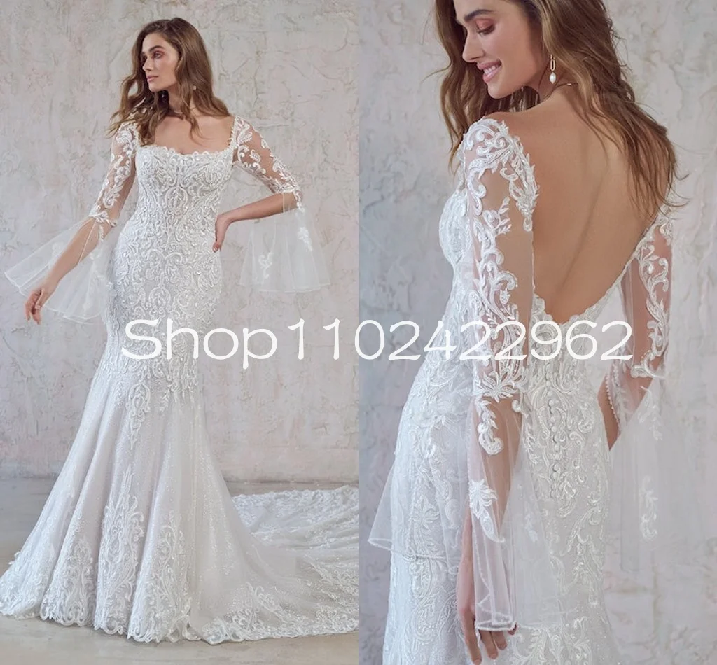 Sexy Lace fit flare Wedding Dress with Scalloped Train Remove Long Sleeve Applique Mermaid Fishail Country Bridal Gowns