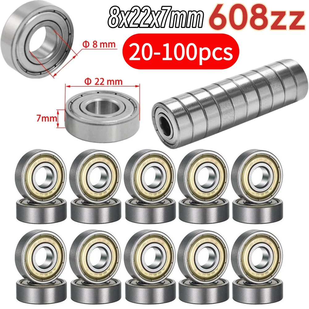 20-100PCS 608ZZ Mini Ball Bearing Deep Groove Ball Bearing 8x22x7MM Double Shielded Miniature Miniature Bearings For Skateboard