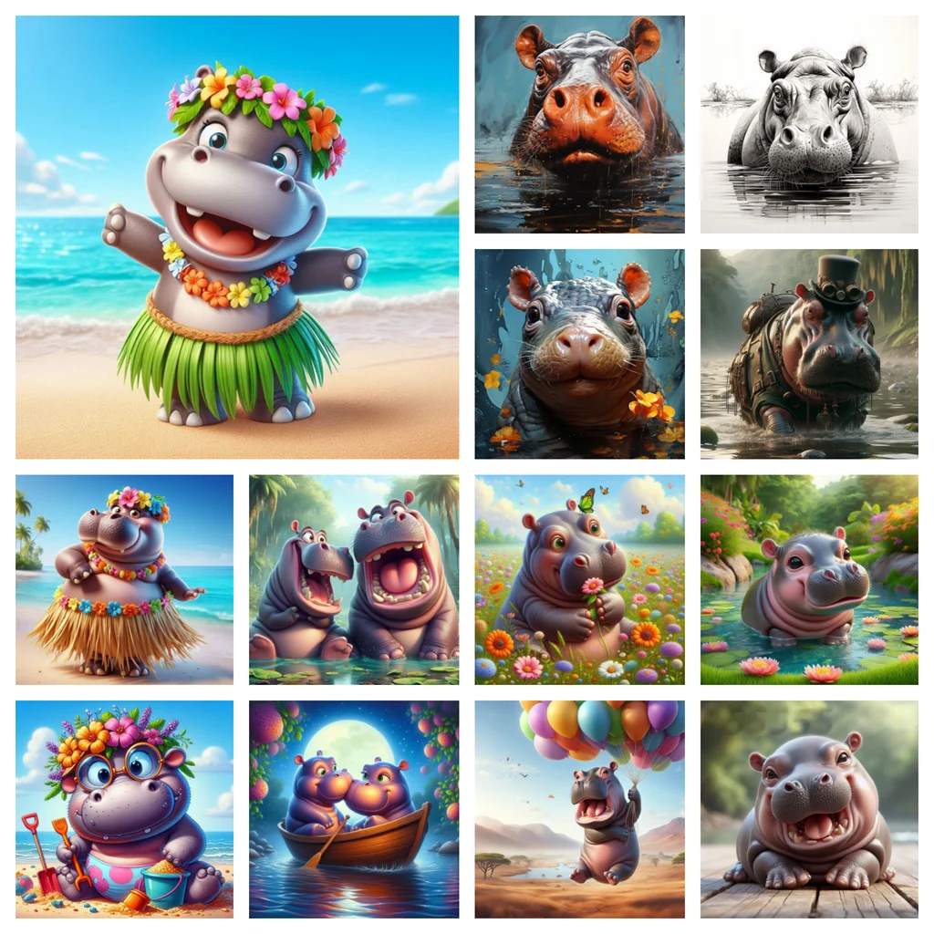 Cartoon Hippo 5D Diamond Painting Cute Baby Hippo DIY Square Diamond Embroidery Mosaic Home Decor Handicrafts Gift