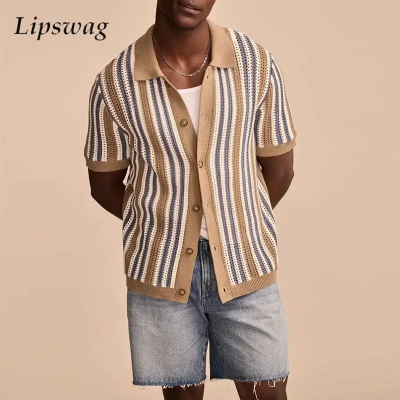 

2025 Summer New Casual Mens Knit Shirts Short Sleeve Buttoned Lapel Striped Shirt For Men Daily Leisure Breathable Knitted Tops