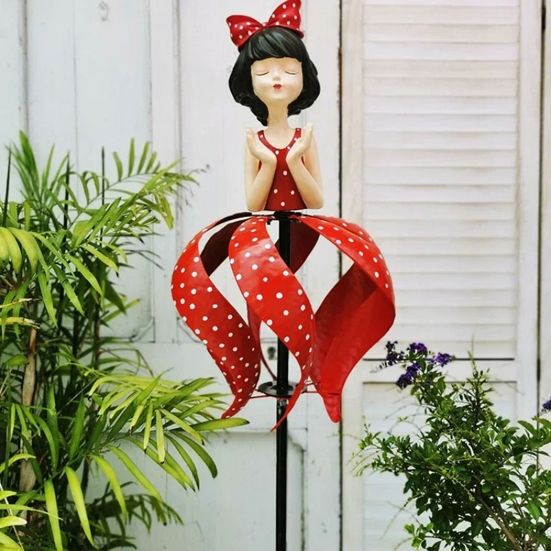 Outdoor Rotating Iron Art Windmill Nine Leaf Red Girl Climbing Vine Stand Garden Balcony Layout Courtyard Decoration Ornaments