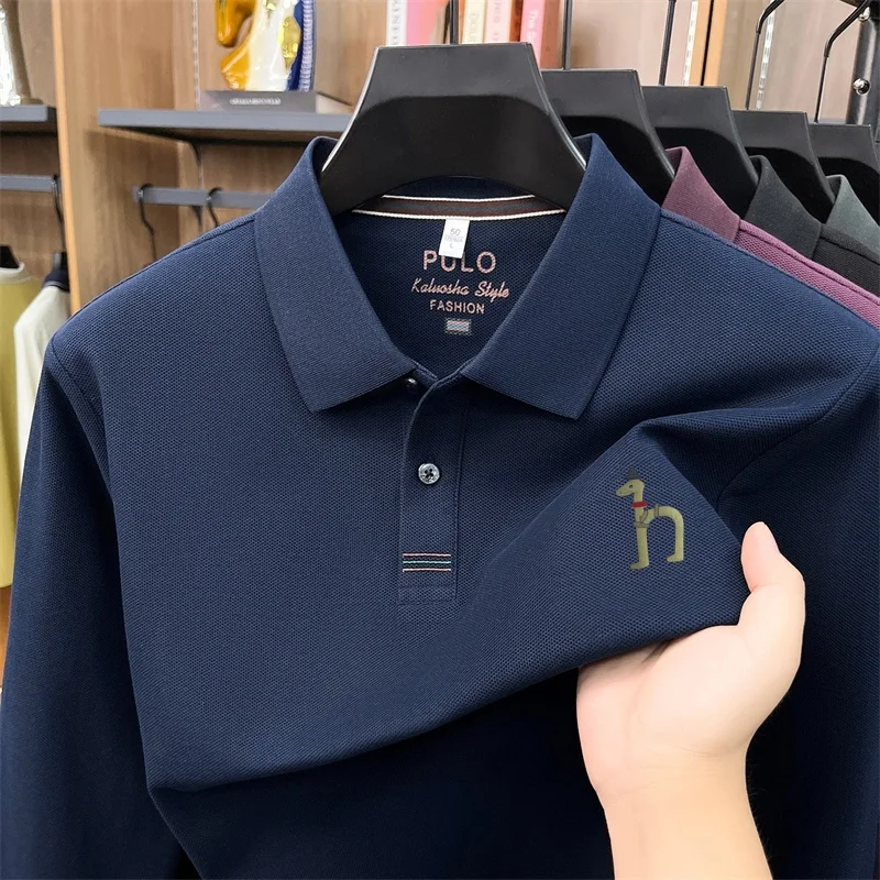 Luxus-Marken-Poloshirt für Herren aus 100% Weicher Baumwolle, Herbst-Neuheit, Einfarbig Bedruckt, Langarm, Revers-T-Shirt, Lässige Business-Herrenbekleidung – Detail 11