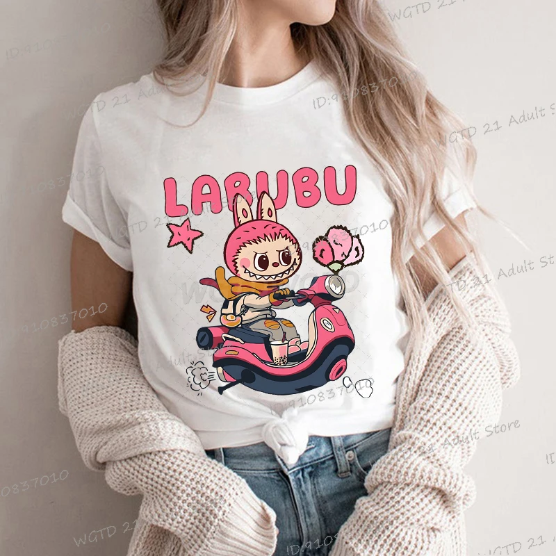 

Funny Labubu Cute Graphics Women Tshirt Labubu Rides A Motorcycle T-shirts Casual Short Sleeve Female Hot Sales Streetwear