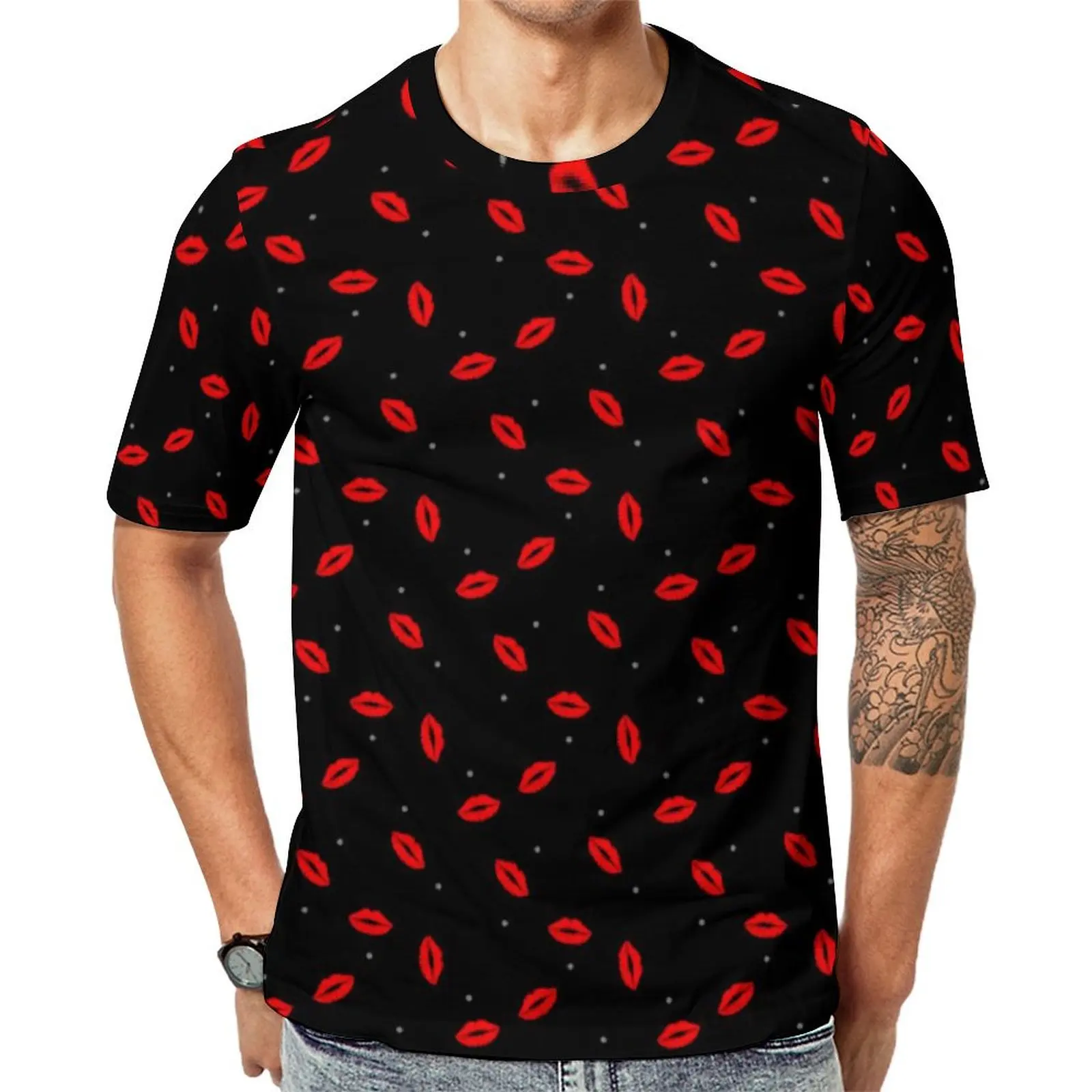 

Red Lips Print T Shirt For Men Lipstick Kiss Design O Neck T Shirts Premium Hip Hop Tops Short Sleeve Casual Plus Size Tee Shirt