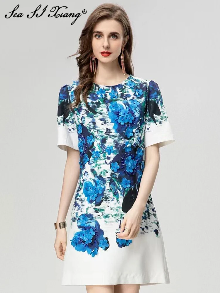 

Seasixiang Fashion Designer Summer Beading Appliques Dress Women's O-Neck Short Sleeve Blue Flower Print Vintage Mini Dresses