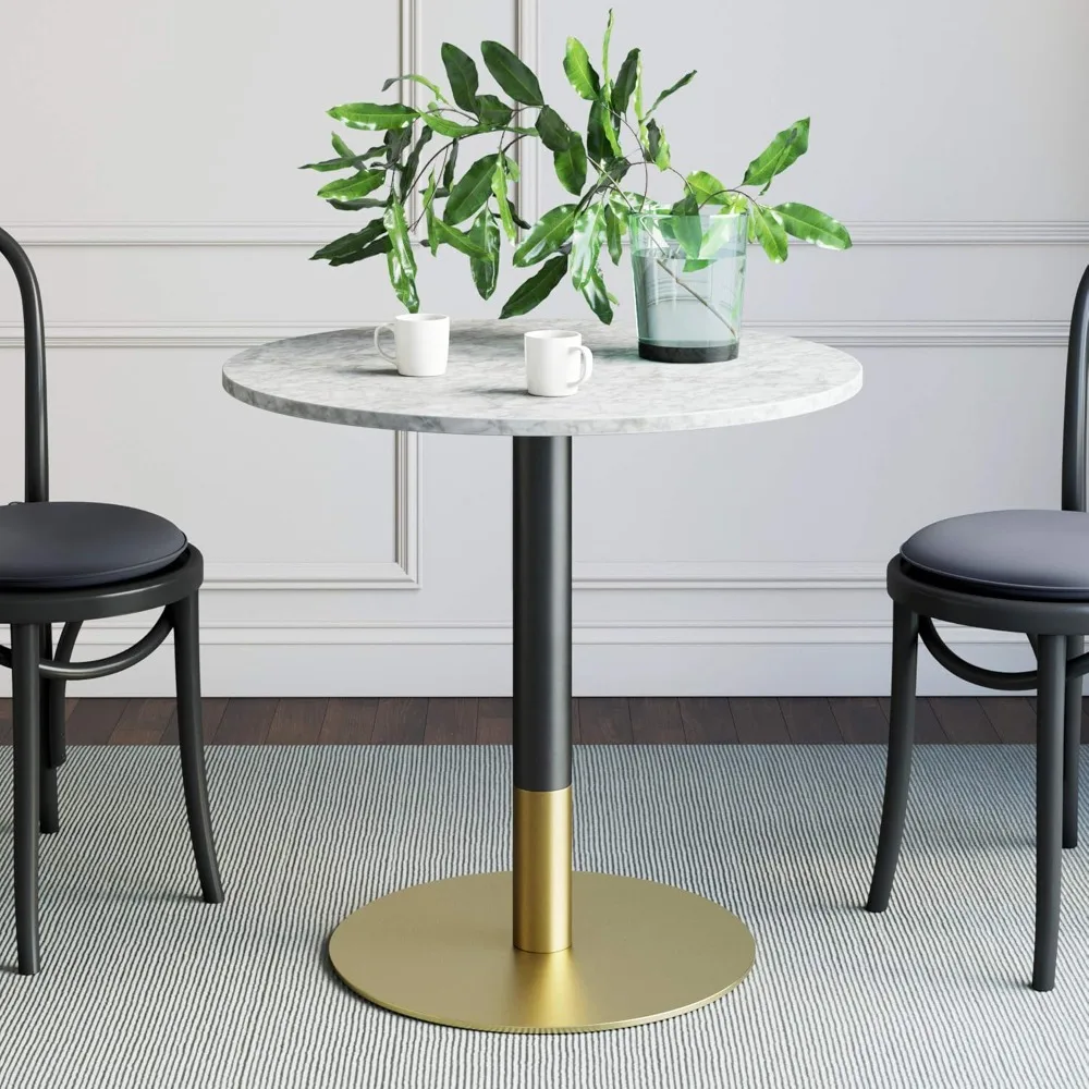 Bistro Lucy Small Mid-Century Modern Kitchen & Dining Table with Faux Carrara Marble Top & Brushed Metal Pedestal