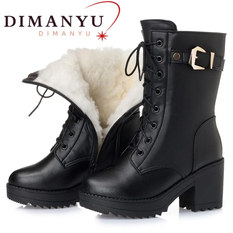 

DIMANYU Women Winter Boots High-heel Genuine Leather Thick Wool Warm Women Biker Boots Non-slip Female Snow Boots