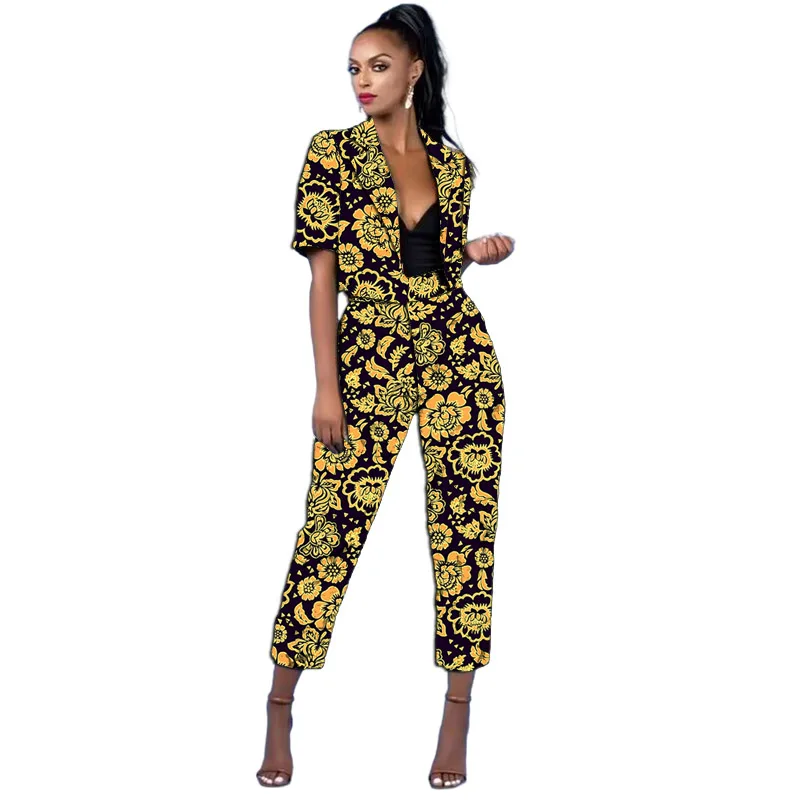 

Original Design African Print Women's Short Sleeved Suits Made To Measure Blazers With Pants Traditional Ankara Outfits