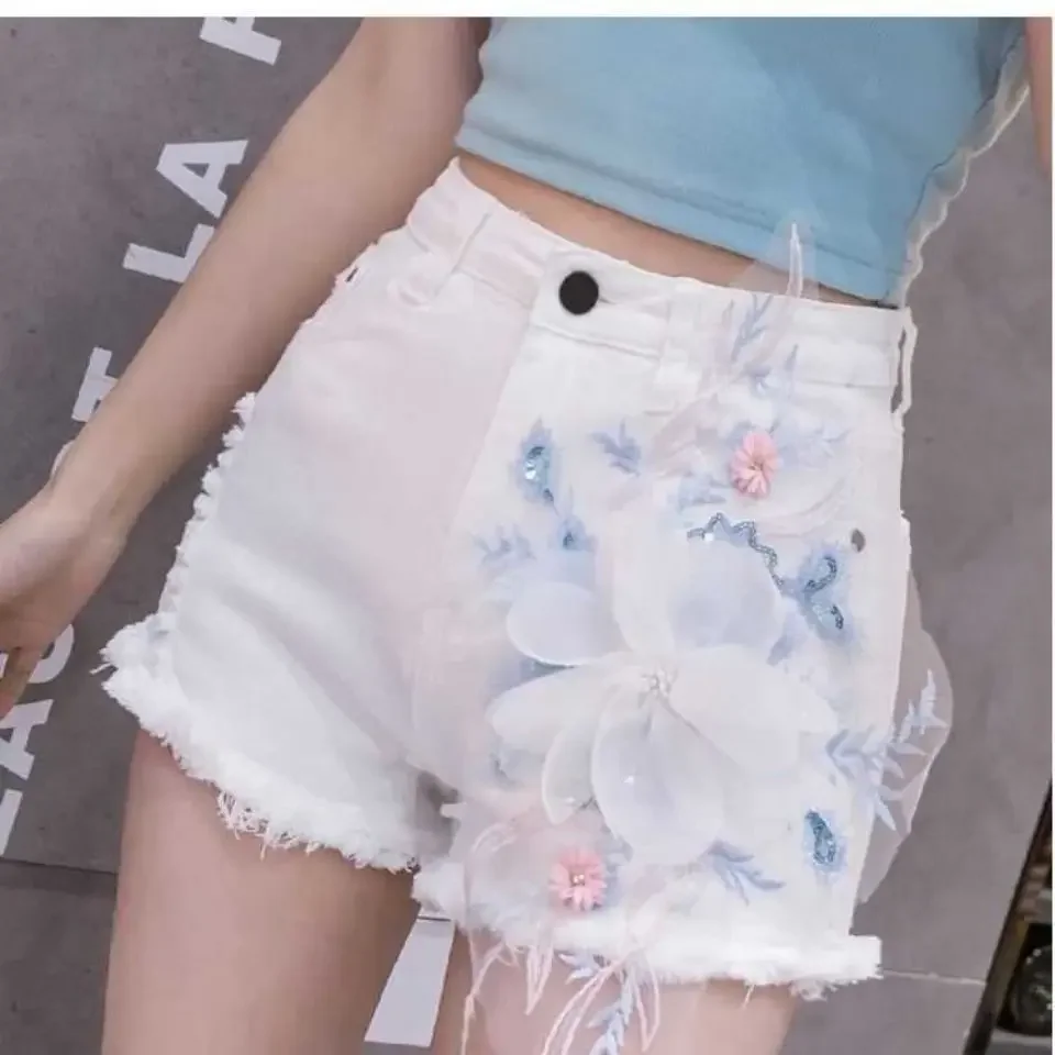 

Denim Shorts for Women High Waist Flowers Short Jean Pants Woman To Wear 2000s Clothes Y2k 2025 Classic Casual Fashion Clothing
