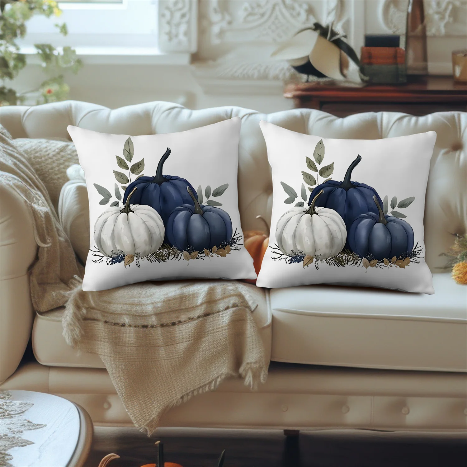 2pcs Blue And White Pumpkin Throw Pillow Covers Green Branches Leaves Cushion Case Fall Thanksgiving Day