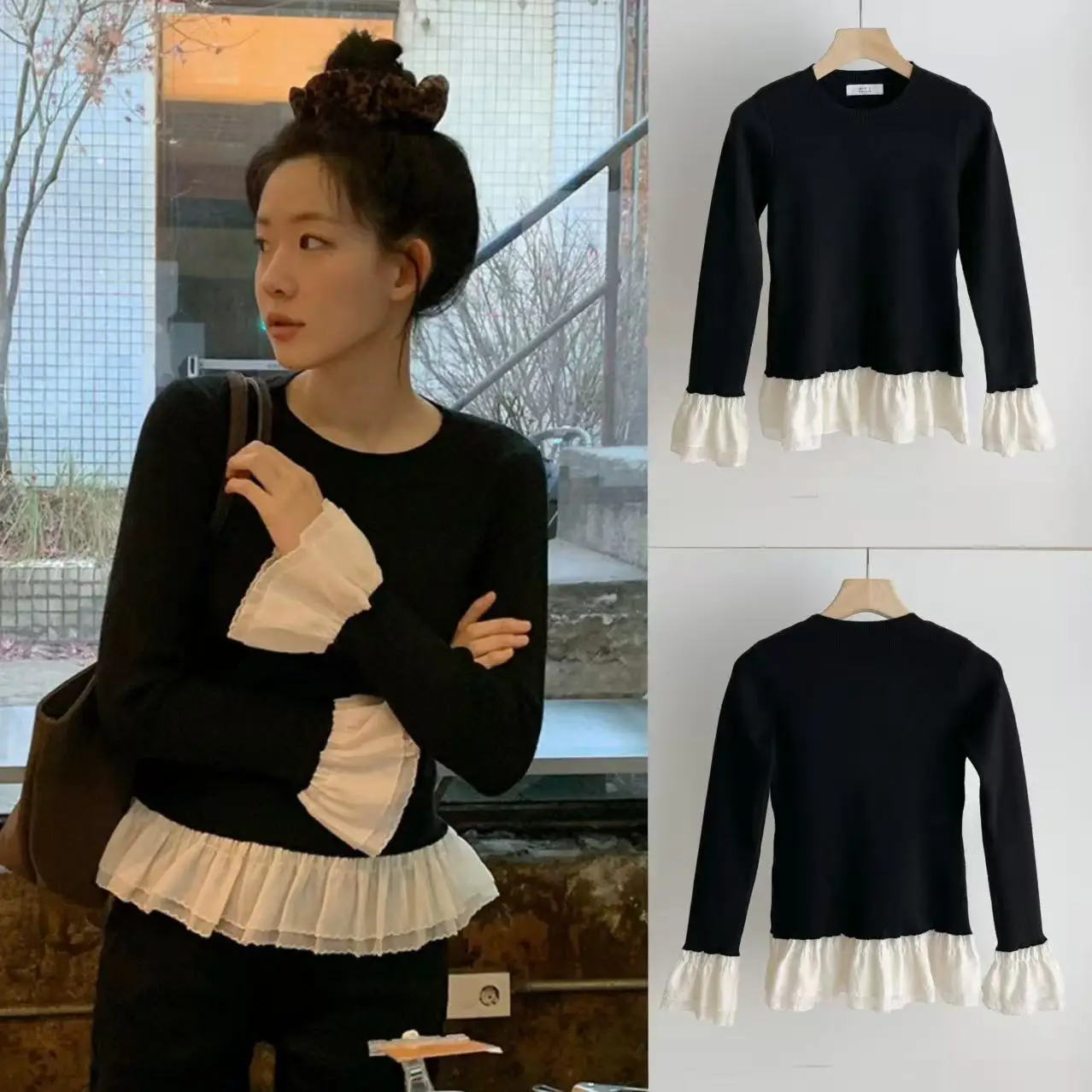 

Sweet Girl Sle Knitted Base irt Sequin Splicing Hollow out Bell Sve Long Sve round Ne Pullover Winter Faion