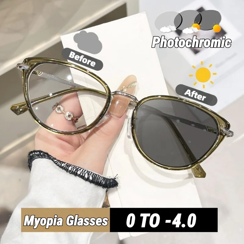 

Photochromic Myopia Glasses Large Frame Cat-Eye Turn Grey Minus Diopter Eyeglasses High-Definition Blue Light Blocking Goggles