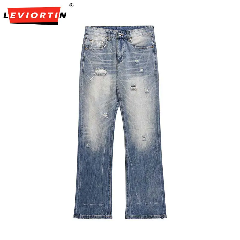 American retro distressed washed distressed micro flared jeans for men's trendy loose and versatile straight leg long pants