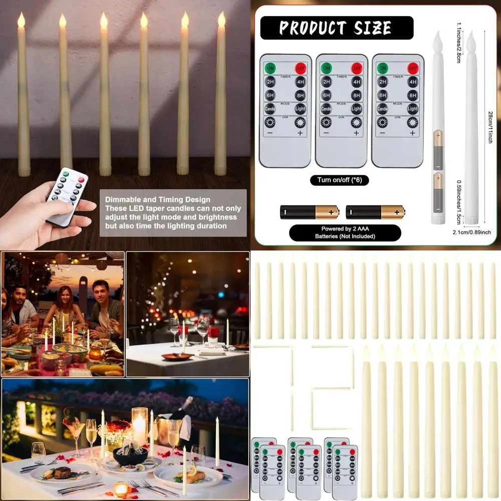 

72-Piece LED Taper Candles with Remote and Timer, 11 Battery-Powered for Warm Light, Ideal for Weddings and Home Decor