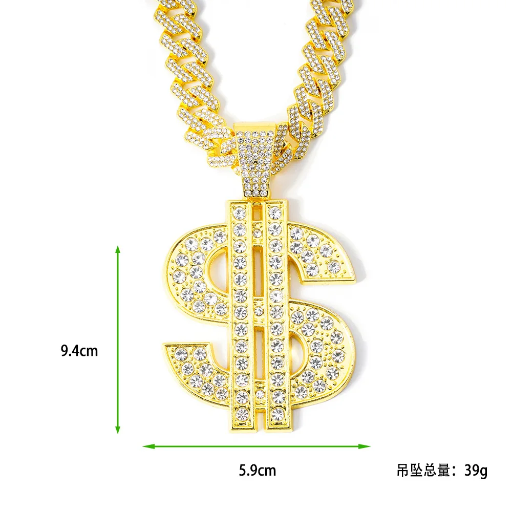 Fashion Hip Hop Dollar Pendant Necklace with 13/14mm Cuban Chain US Dollar Money Sign Iced Out Chain Necklaces Jewelry For Men