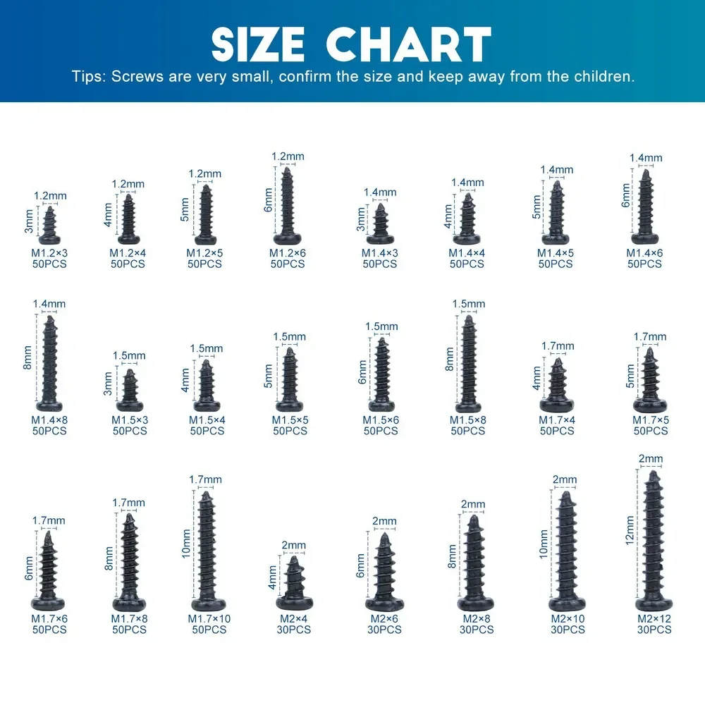 1100Pcs M1.2 M1.4 M1.5 M1.7 M2 Mini Phillips Flat Head Screws Self-Tapping Screw Set Electronics Repair Kit for Laptop Computer