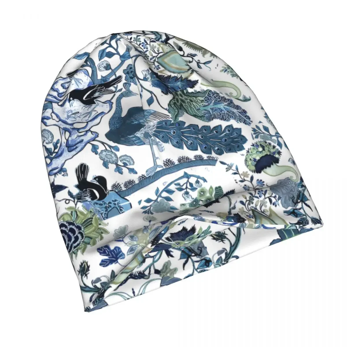 Paisley Style Skullies Beanies Caps Chinoiserie Blue Chintz Blues Greens Birds And Florals Thin Hat Autumn Spring Bonnet Hats