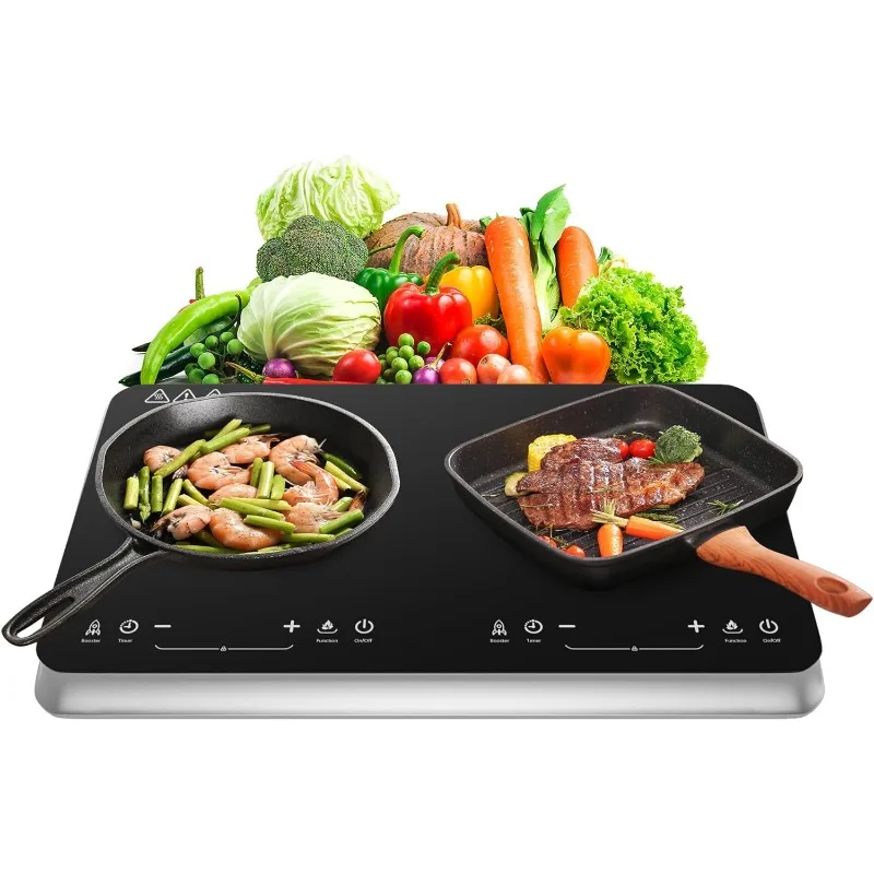 Double Induction Cooktop Burner with Fast Warm-Up Mode, 1800w 2 Induction Burner with 10 Temperature 9 Power Settings