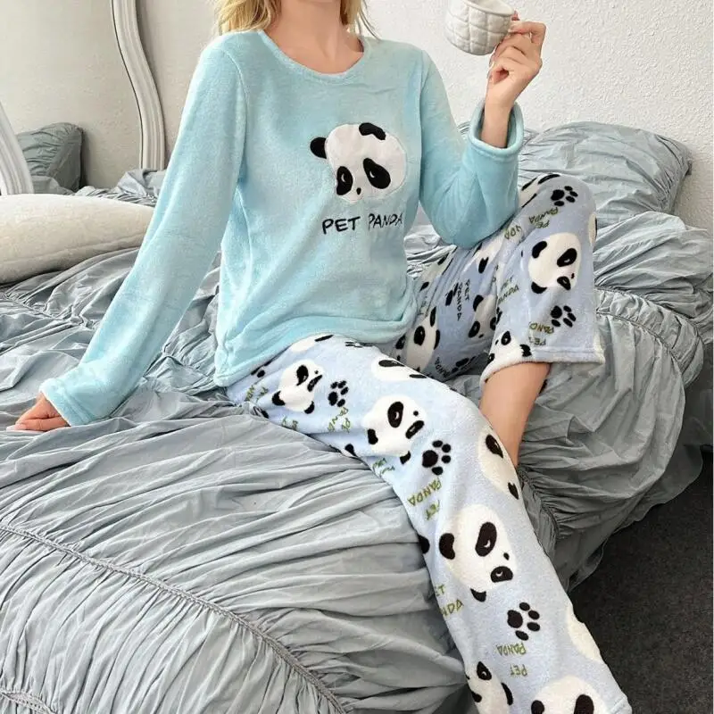 Cartoon Panda Flannel Thicken Home Wear Pajamas Autumn Winter Warm Home Clothes Thick Nightwear Long Sleeves Pants Sleepwear