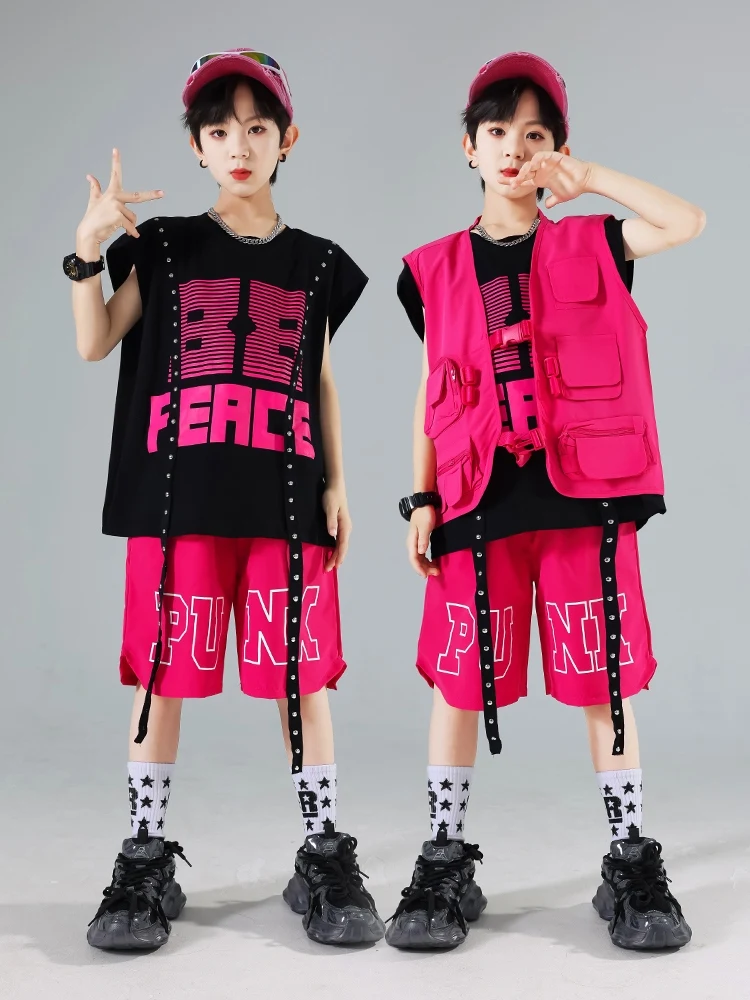 Kids Hip Hop Dance Clothes Girls Boys Loose Rose Pink Vest Pants Break Street Dance Costume Hiphop Competition Clothing BL13475