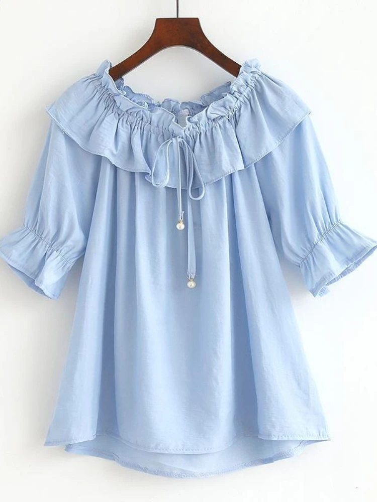 

Women Summer Korean Short Sleeve Preppy Style Ruffles Shirts Loose Solid All Match Blouse Tops Mujer
