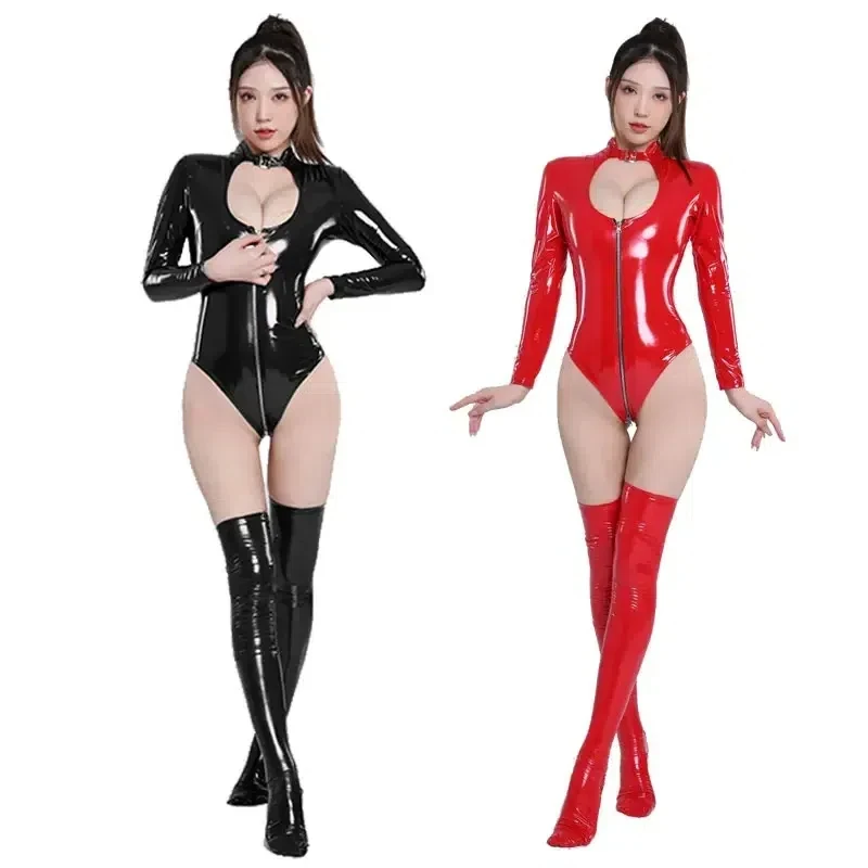 

Affordable Women's Sexy Pvc Leather Bodysuit Sexy Open Crotch Erotic Long Sleeve Design With Socks Exposed Chest Shiny Latex