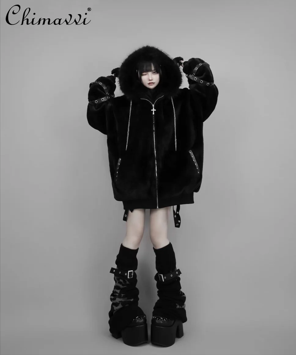Harajuku Japanese Y2K Warm Coat Women Autumn and Winter Subculture Punk Mine Series Cute Girls Women Furry Lamb Ear Jacket
