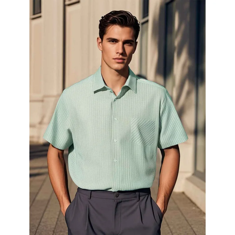 

2025Trendy Hot-Selling Men's Summer Casual Striped Shirt Fashion Simple Short Sleeve Turn-Down Collar Men's Shirt