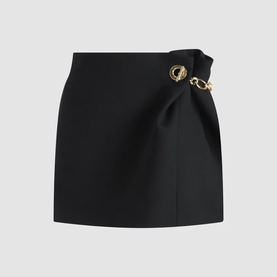 2026 Elegant High Waist Wool Wrap Skirt, Solid Gold Metal Chain Link Hardware Side Twist Ruched Slim Fit Mini Skirt