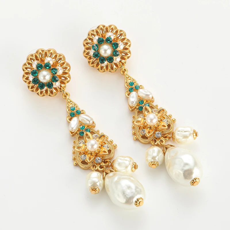 

Baroque Pearl Statement Earrings Big Sunflower Water Drop Dangle Charm Long Gold Color Rhinestones For Woman Vintage Jewelry