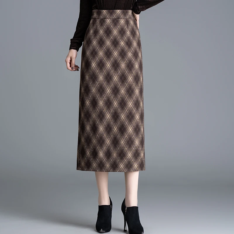 

ZUZK Autumn Winter Grid Straight Skirt For Women New Style Elastic High Waist Slimming Tube Slit One-step Hip Hugging Skirt