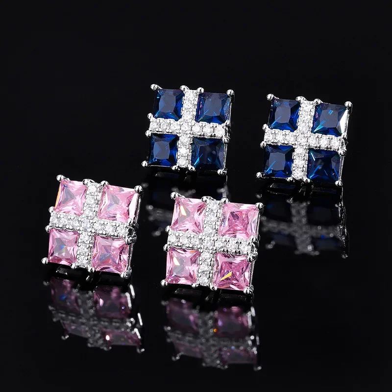 

Pink High Carbon Diamond Square Quadrilateral Cross Ear Studs Earrings Women's Jewelry Cocktail Party Gift Wedding Anniversary